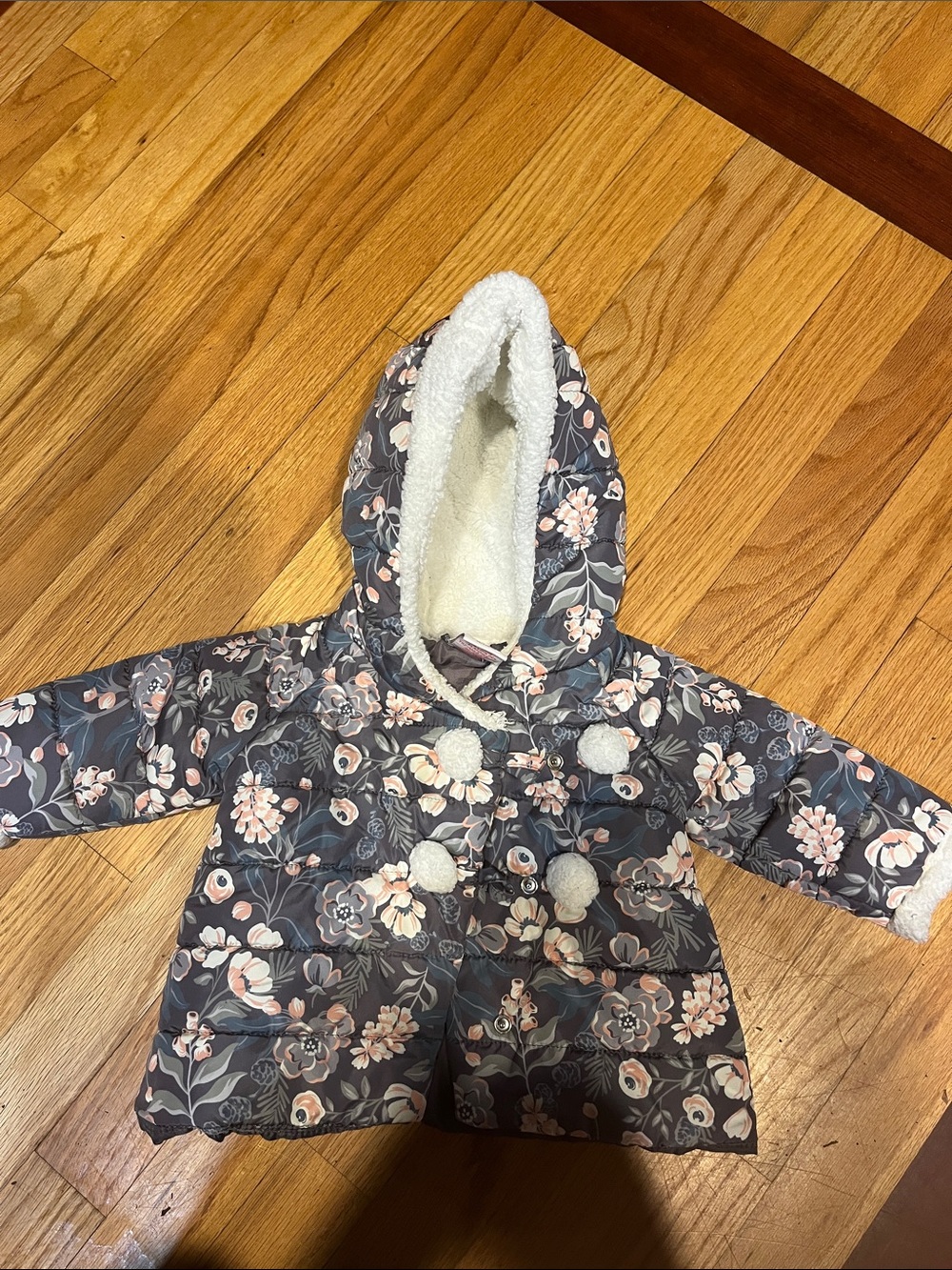 Catherine Malandrino Gray Floral Sherpa-Lined Hooded Puffer